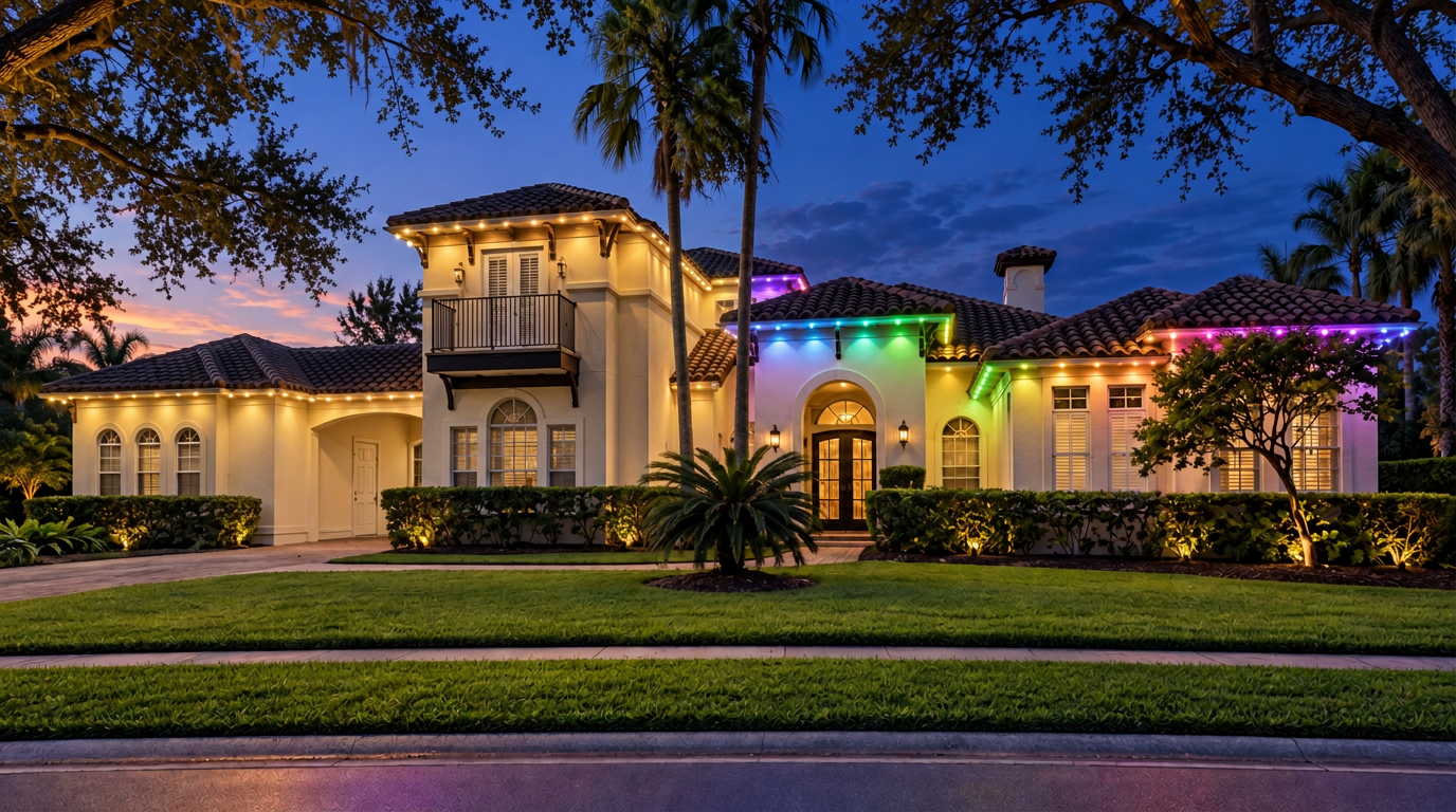 Orlando home showing permanent warm-white lighting and Christmas lighting separated side by side